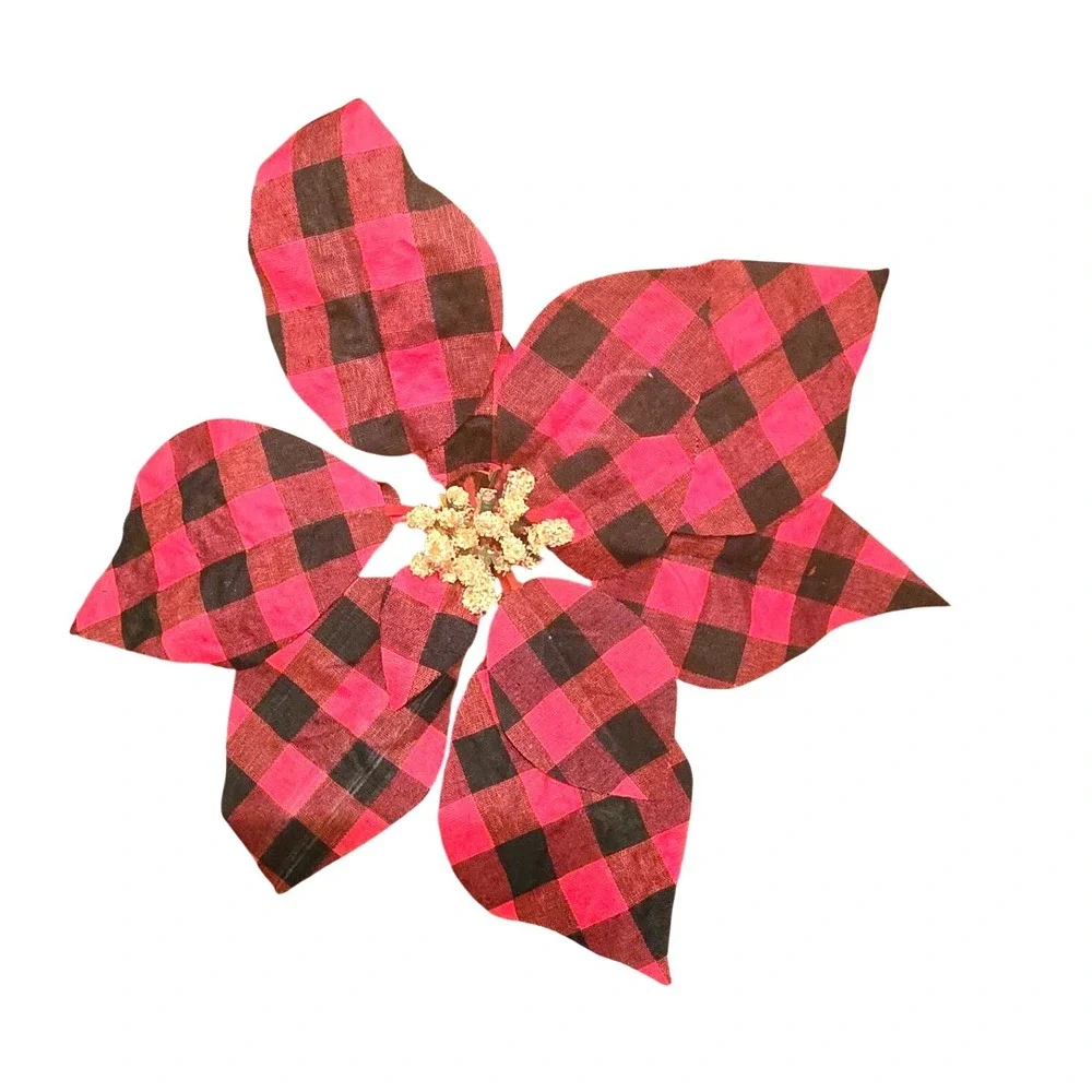 NWOT Christmas Poinsettia Flowers Artificial Clip‎ On Red Buffalo Plaid